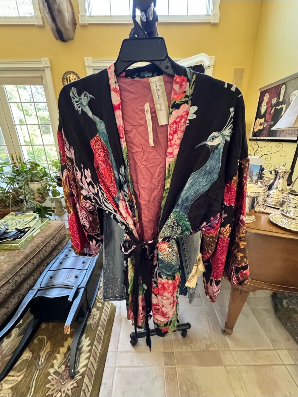 Aratta Black Velvet Kimono Robe with Pink & Green Peacock Print